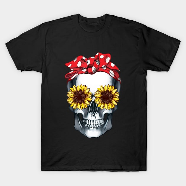 Cool skull red bandana and sunflowers skull mask face T-Shirt by Collagedream